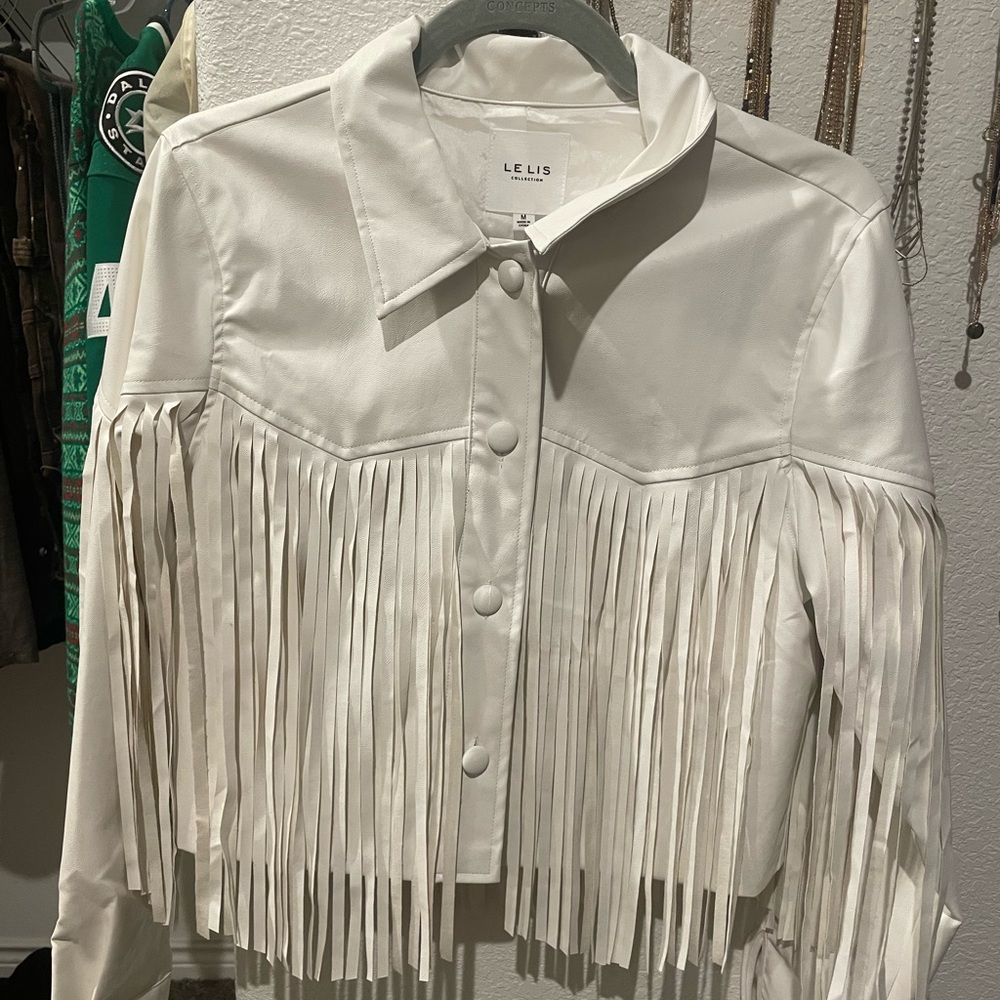 White faux leather fringe jacket!